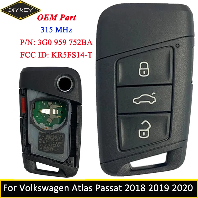 DIYKEY OEM для Volkswagen Atlas Passat 2018 2019 2020 3G0 959 752BA 315 МГц FCC аддитивного цветового