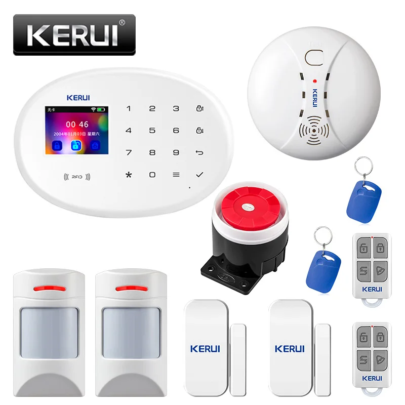 

KERUI W20 wireless home GSM850 / 900/1800 / 1900MHz security alarm system suite APP control with smoke burglar alarm system