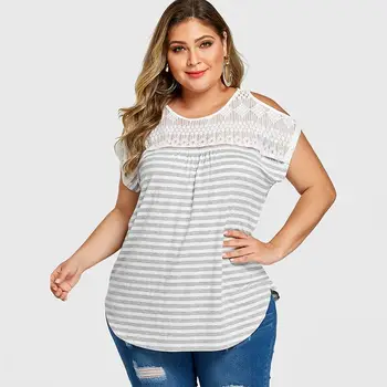 

YOINS 2020 Summer Sexy Cold Shoulder Stripe Short Sleeve Blouse Female Lace Shirt Casual Curved Hem Tops Plus Size Blusa Femme