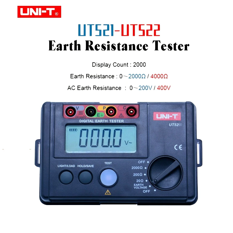 UNI-T UT521/UT522 Earth Ground Resistance Tester 0-2000/0-4000ohm TEST One Button Operation/Data Storage/LCD Backlight Display
UNI-T UT521/UT522 Earth Ground Resistance Tester 0-2000/0-4000ohm TEST One Button Operation/Data Storage/LCD Backlight Display