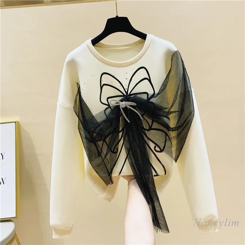 Hoodies for Women 2020 Autumn and Winter New Mesh Stitching Bow Printed Loose Pullover Cropped Sweatshirt Female Student
Hoodies for Women 2020 Autumn and Winter New Mesh Stitching Bow Printed Loose Pullover Cropped Sweatshirt Female Student