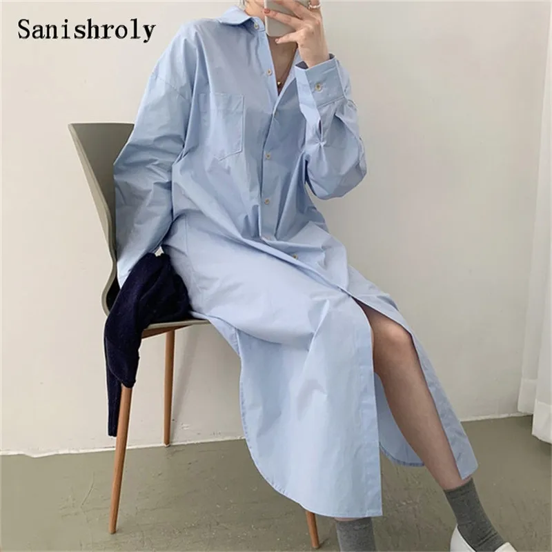 Sanishroly Long Shirt Dress Korea Chic 2021 Women Single-breasted Blue Casual Dress Office Lady Pocket Split Long Sleeve Dresses 
Sanishroly Long Shirt Dress Korea Chic 2021 Women Single-breasted Blue Casual Dress Office Lady Pocket Split Long Sleeve Dresses