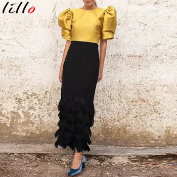 Elegant Women's Two-Piece Summer New Hot Sale Round Neck Sleeve Two-Piece Skirt Short Top + Feather Long Skirt 
Elegant Women's Two-Piece Summer New Hot Sale Round Neck Sleeve Two-Piece Skirt Short Top + Feather Long Skirt