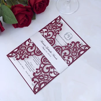 Burgundy Laser Cut Wedding Card Invitation With Ivory Belt, 50pc DIY Print Shiny Invitations for Quinceanera Anniversary 50pcs 
Burgundy Laser Cut Wedding Card Invitation With Ivory Belt, 50pc DIY Print Shiny Invitations for Quinceanera Anniversary 50pcs