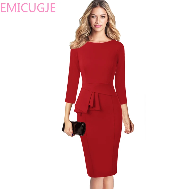 

Wear To Work Business Party Stretch Bodycon Sheath Dress Vfemage Women Autumn Elegant Frill Peplum 3/4 Sleeve Tunic Vintage