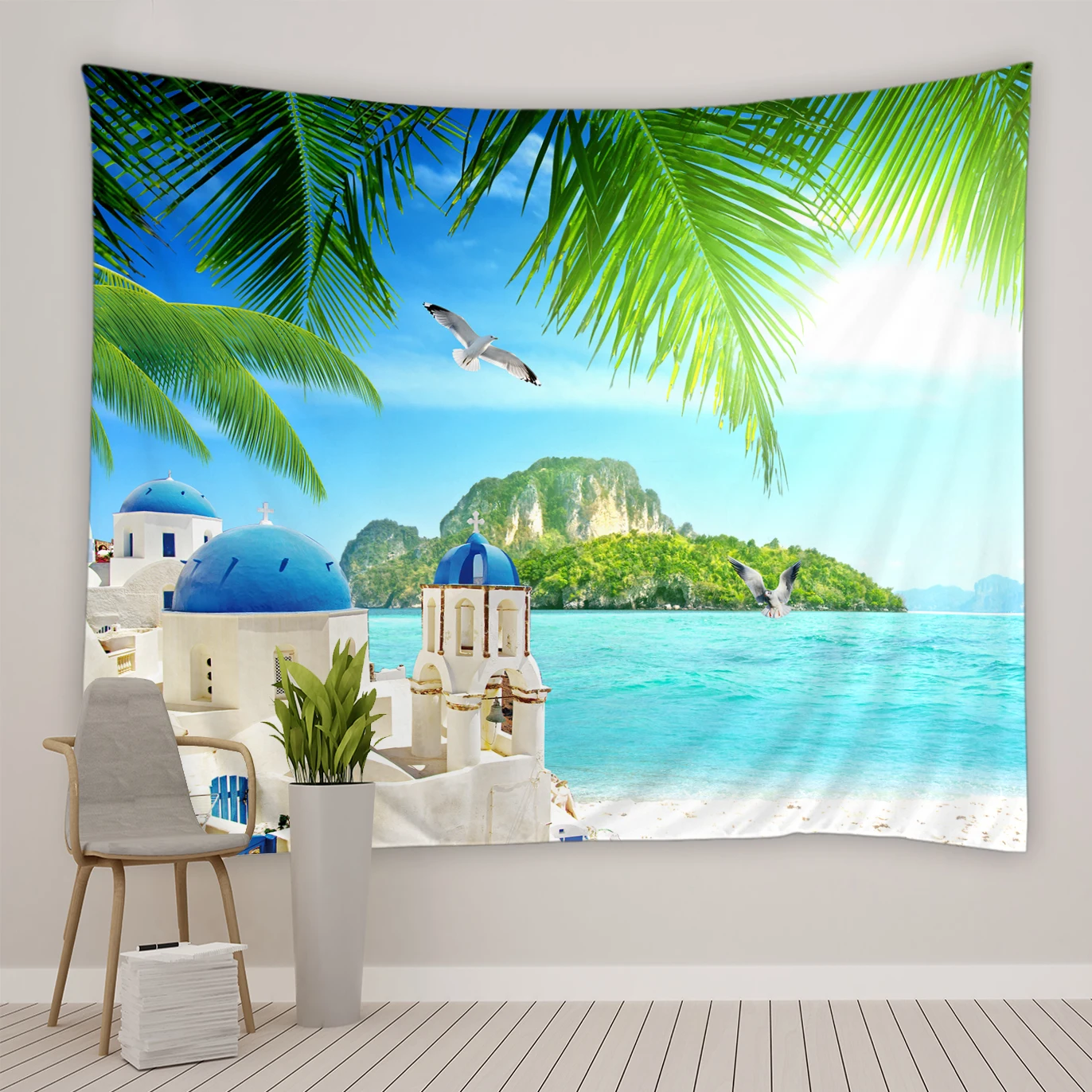 

Summer Ocean Tapestry Mediterranean Style Building Living Green Palm Leaves Island Scenery Room Bedroom Dormitory Bedside Decor