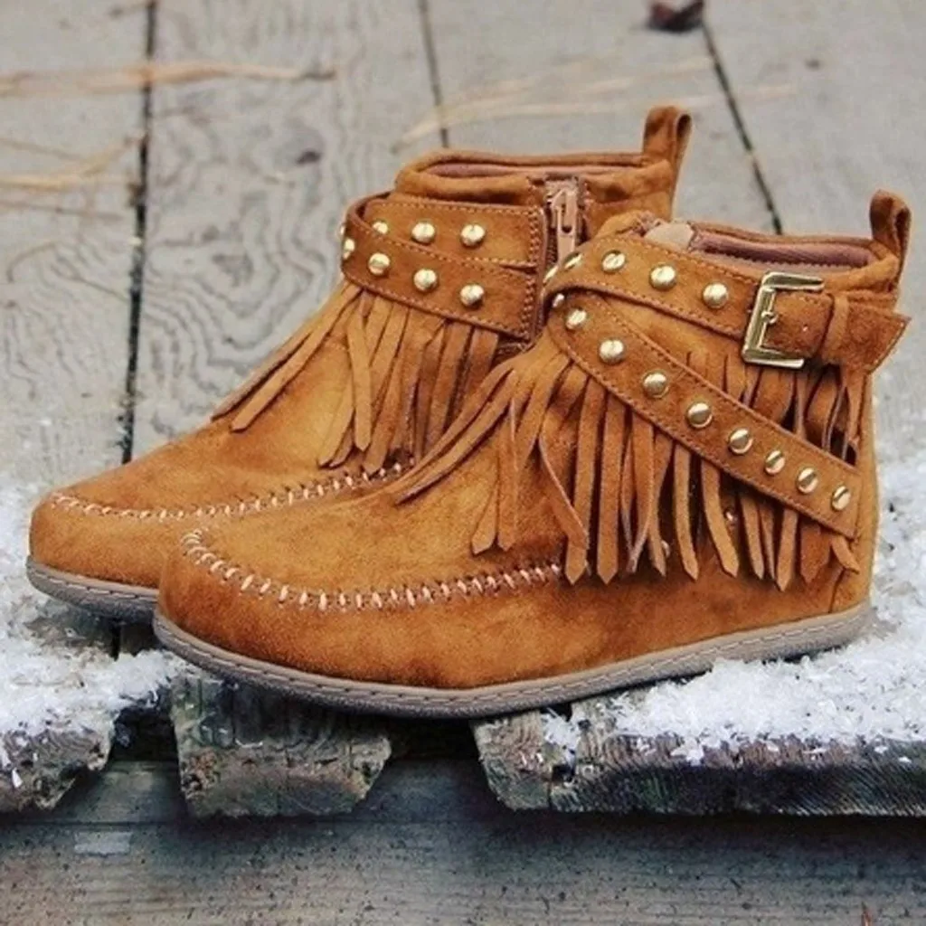 

Women Ankle Short Boots Tassels Big Size Round Toe Boots Side Zipper Rivets Bare Warm Non-slip Boots Shoe For Ladies botas mujer