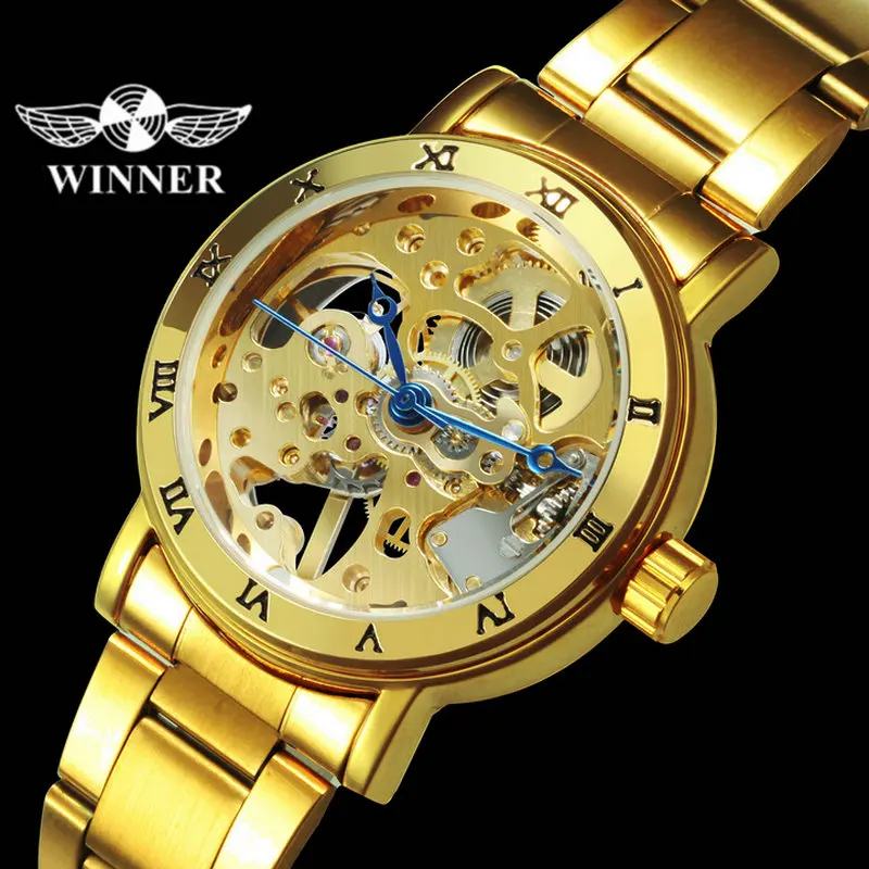 WINNER Fashion Royal Mechanical Watch Women Dress Classic Watches Golden Strainless Steel Thin Belt Wristwatch Top Luxury Brand | Наручные