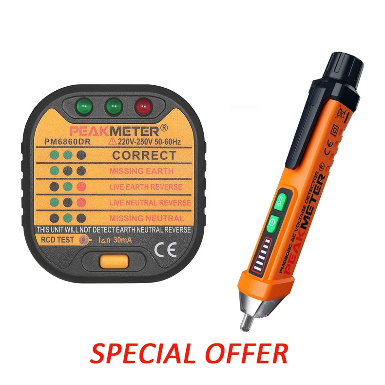 Peakmeter Socket Tester 110v 220V with GFCI RCD and Pen type Non Contact Voltage Tester for Electric electrical Power tester
Peakmeter Socket Tester 110v 220V with GFCI RCD and Pen type Non Contact Voltage Tester for Electric electrical Power tester