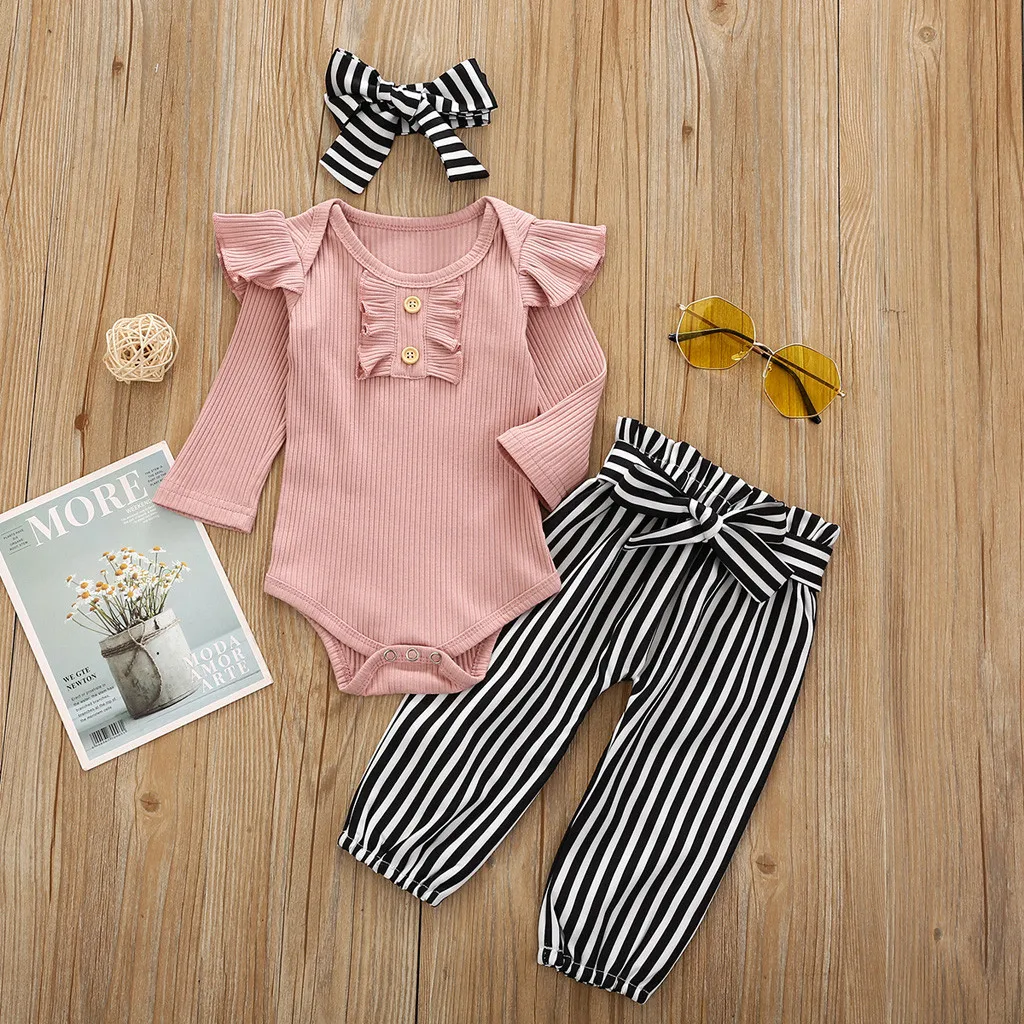 Newborn Infant Baby Girls Clothes Long Sleeve Ruffle Romper+stripe Pants +headbands Outfits Set Winter Outfits Set Roupa #c 
Newborn Infant Baby Girls Clothes Long Sleeve Ruffle Romper+stripe Pants +headbands Outfits Set Winter Outfits Set Roupa #c