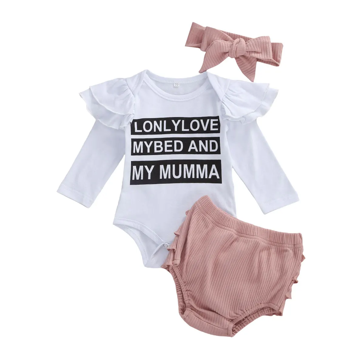 Infant Baby Girl 3Pcs Outfit Set Letter Long Sleeve Round Neck Ruffle Romper Triangle Short Elastic Band Pants Bow Hair Band Set
Infant Baby Girl 3Pcs Outfit Set Letter Long Sleeve Round Neck Ruffle Romper Triangle Short Elastic Band Pants Bow Hair Band Set