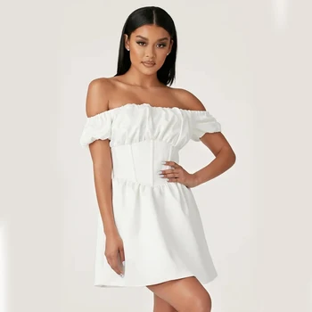 Popular style one-word collar, chest-wrapped fluffy skirt, sexy waist-length skirt, solid color bare-shoulder dress 
Popular style one-word collar, chest-wrapped fluffy skirt, sexy waist-length skirt, solid color bare-shoulder dress