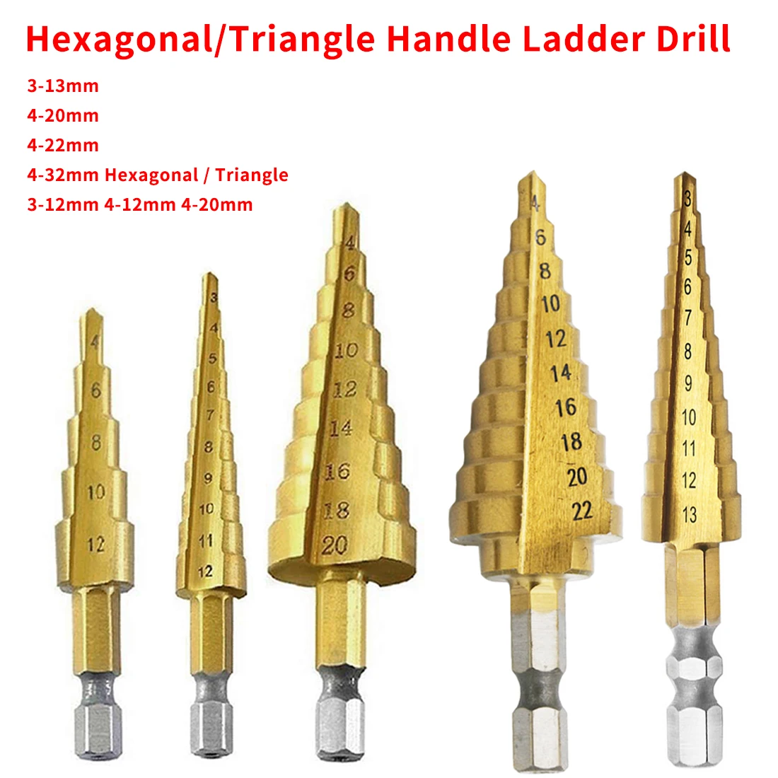 3-12mm 4-12mm 4-20mm Titanium Coated Step Drill Bit Drilling Power Tools for Metal HSS Wood Hole Cutter Step Cone Drill
3-12mm 4-12mm 4-20mm Titanium Coated Step Drill Bit Drilling Power Tools for Metal HSS Wood Hole Cutter Step Cone Drill