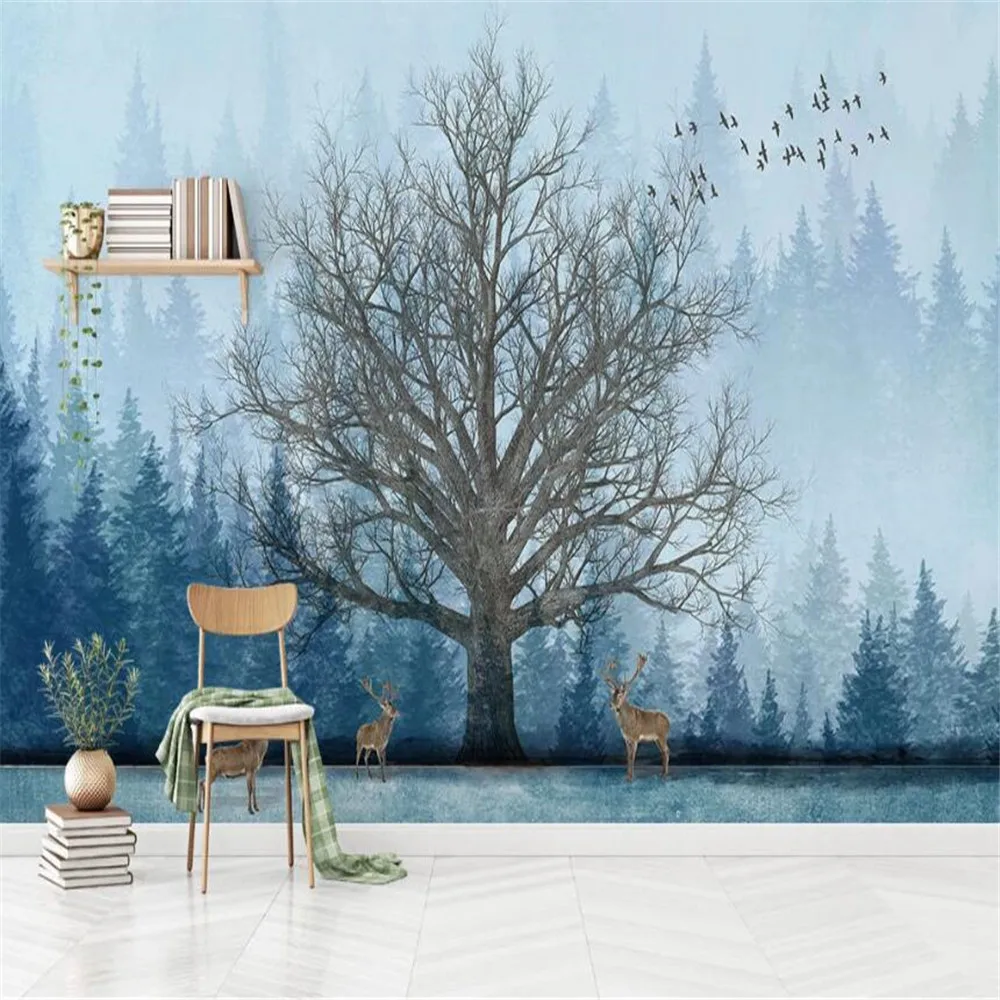 

Milofi custom large-scale mural wallpaper wall covering Nordic abstract hand-painted forest big tree elk TV background wall