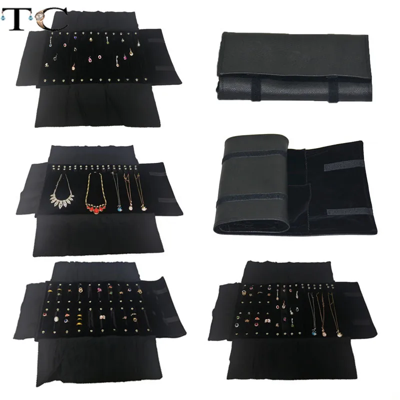 

Jewelry Storage Bag Necklace Roll Organizer Bag Ring Earring Velvet Carrying Black Leather Display Holder Jewelry Packaging