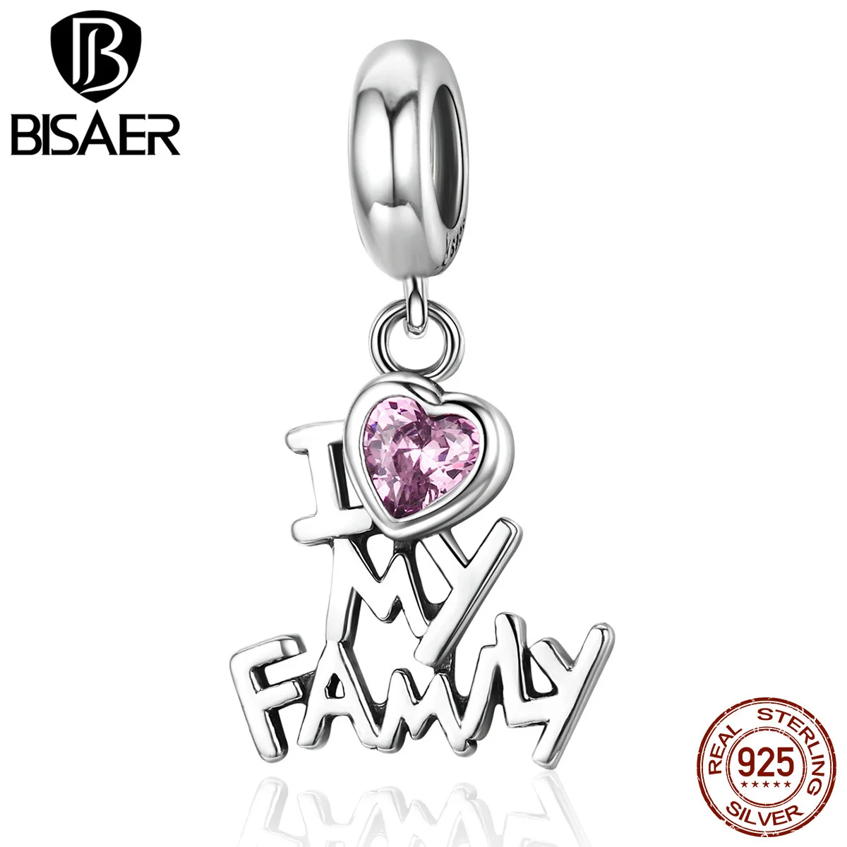 

BISAER Authentic 925 Sterling Silver I LOVE MY FAMILY Pendant Charms Fit Original Pandora Bracelets & Necklaces ECC251