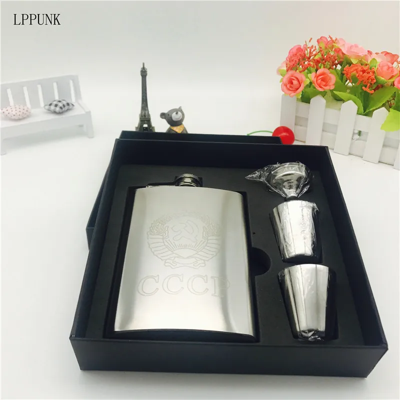 

Bpa Free Mini 8oz Liquor Flagon Laser Cccp Vodka Cup Stainless steel 304 Alcohol Hip Flask Set With Whisky Funnel Gift Box