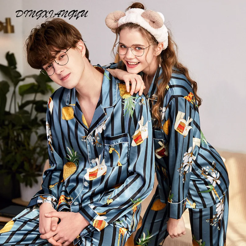 Spring and autumn ice silk couple pajamas female cartoon fashion real silk men's home service 2-piece pajamas women's pajamas
Spring and autumn ice silk couple pajamas female cartoon fashion real silk men's home service 2-piece pajamas women's pajamas
