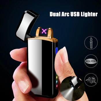 LED Light Dual Arc Electronic Lighter Windproof Flameless USB Cigarette Lighters Gadget For Men Smoking Accessories Plasma Light