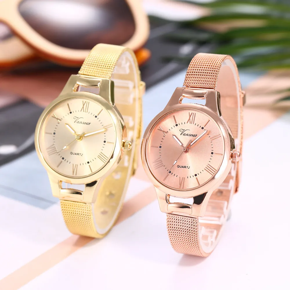 

2019 Hot Casual Quartz Stainless Steel Band New Strap Watch Analog Wrist Watch Simple Watches Rhinestones Dress Woman Watch Rose