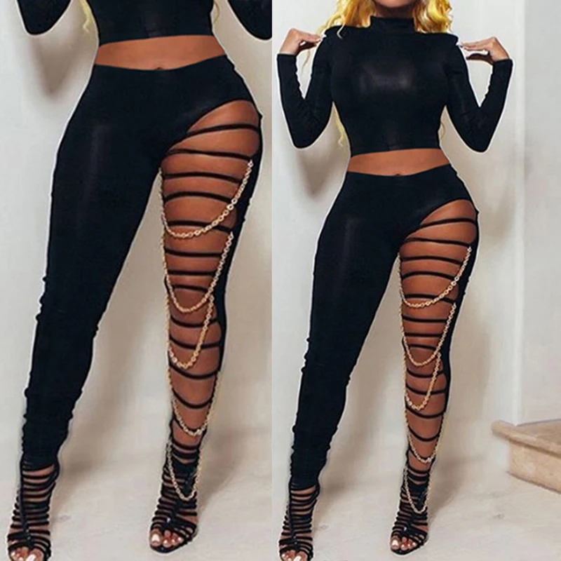 

OMSJ Newest Sexy High Waist Ripped Leggings Women Black Slim Holes Trousers With Gold Chain Pencil Pants Casual Fashion Clothing