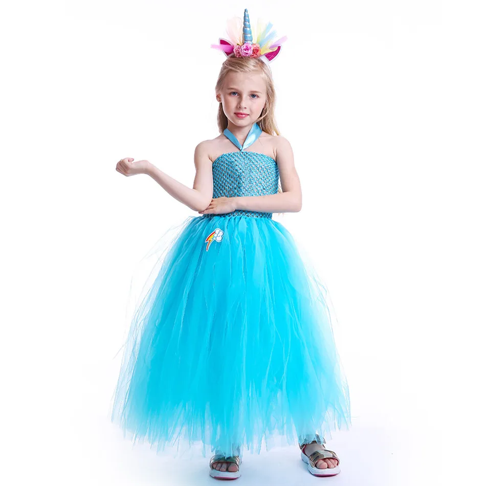 Blue Girls Tutu Dress With Flower Unicorn Headband Baby Fluffy Tulle Robe Kids Girl Performance Halloween Costume Vestidos Clothes (8)