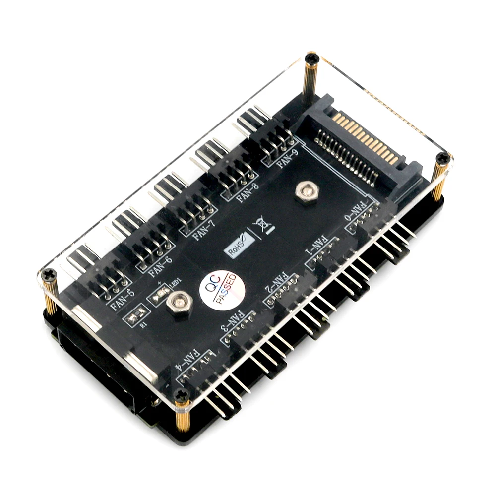 10 way Fan Splitter Hub with PMMA Case and Magnetic standoff (Power from One 4-Pin Molex or SATA 15-Pin connector)
10 way Fan Splitter Hub with PMMA Case and Magnetic standoff (Power from One 4-Pin Molex or SATA 15-Pin connector)