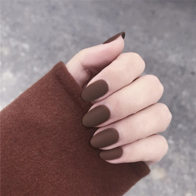 

24pcs/Set OL Style Matte False Nails Round Head Chocolate Wine Red Fingnernail Decal Fake Nail Art Tips Faux Ongles with Glue