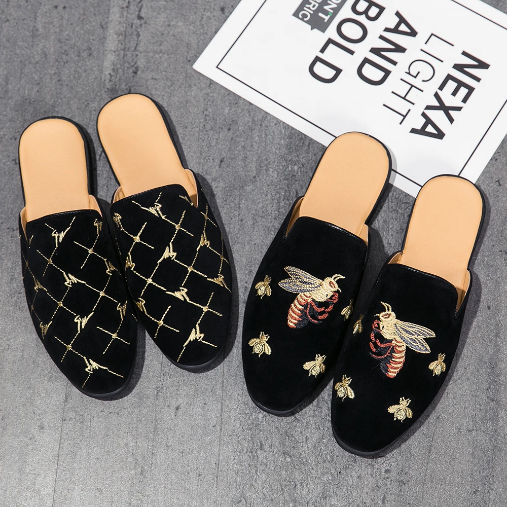 

Bee Embroidery Summer Mules Lightweight Half Shoes for Men Breathable Slip-on Slippers Diamond Design Half Loafers Outdoor Flats