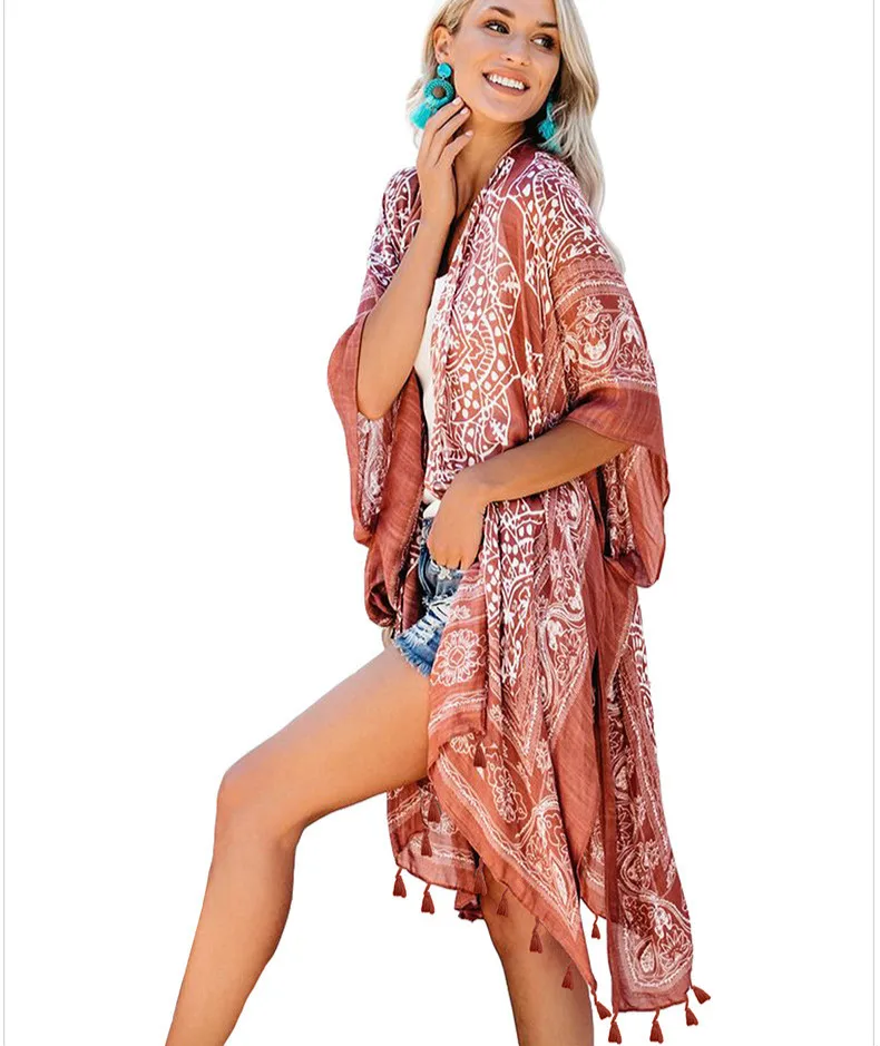 

TEELYNN ethnic floral print long blouse boho beach bikini coverup women robe fringe tunic summer Cardigan swim kimono cover up