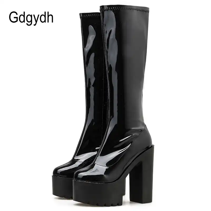 black patent high heel boots
