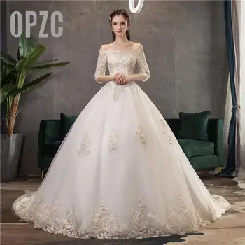 New Arrival Elegant Luxury Lace three Quarter Train Wedding Dress Boat Neck off shoulder Ball Gown vestido De Noiva Embroidery 8
New Arrival Elegant Luxury Lace three Quarter Train Wedding Dress Boat Neck off shoulder Ball Gown vestido De Noiva Embroidery 8