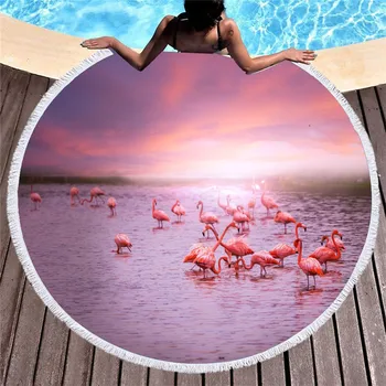 

150cm Round Beach Towel Microfiber Pink Flamingo Sunset Large Summer Towel Toalla Cute Animals Yoga Picnic Mat for Girls Women