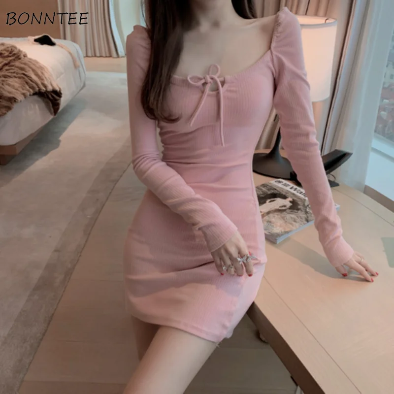 

Long Sleeve Dress Women Solid Bow Slim Skinny Sexy Mini Midi Elegant Fashion Square Collar Female Womens Club Wear Bodycon Cozy