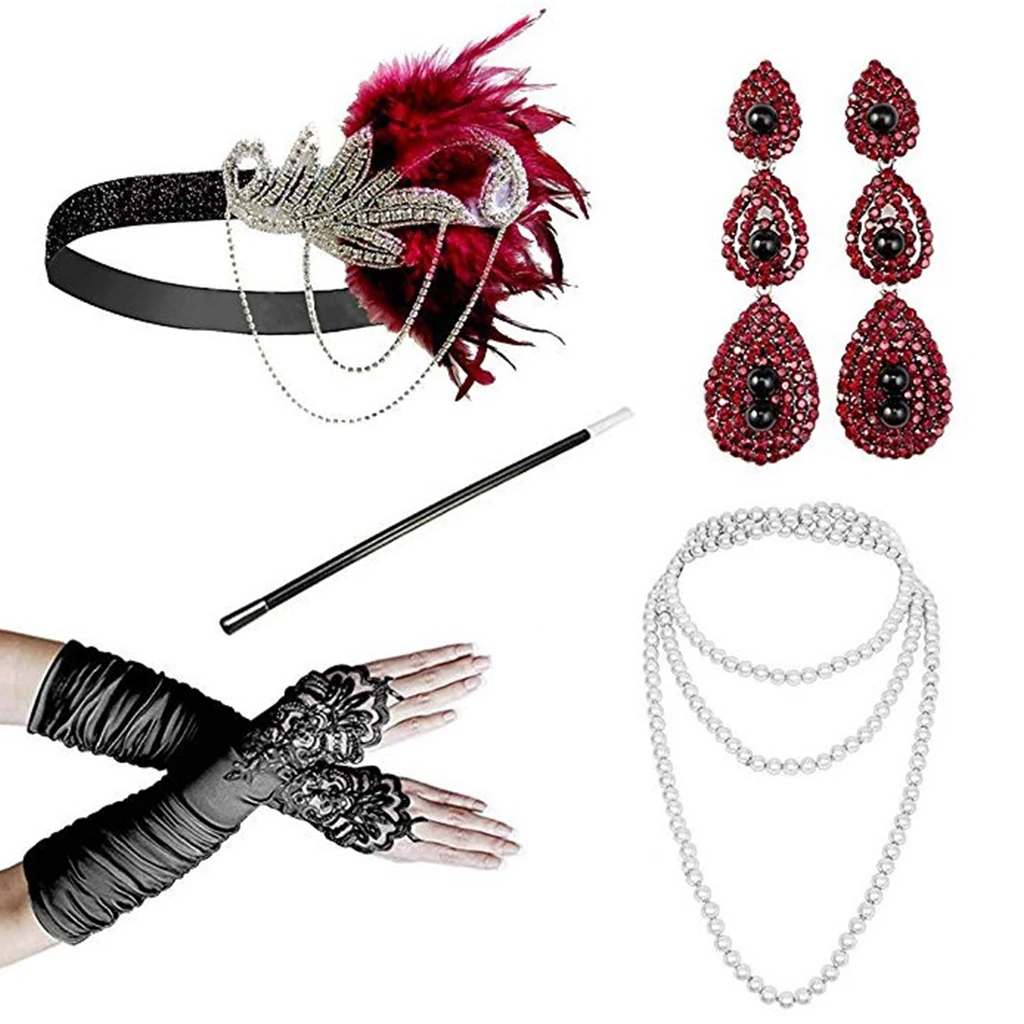 5pcs/Set Vintage Flapper Headband Pearl Necklace Gloves Party Fancy Dress Cosplay Costuem 5pcs/Set Vintage Flapper Headband Pearl Necklace Gloves Party Fancy Dress Cosplay Costuem