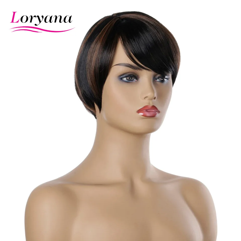 

Loryana Synthetic hair Black Brown Realistic natural oblique bangs straight natural short Synthetic hair wigs for women