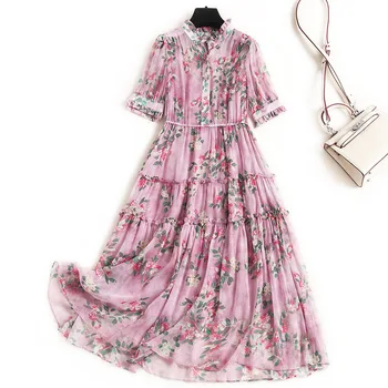 Real Silk Prairie Chic Dress Print A-Line Mid-Calf Stand Collar Dresses Woman Party Night Ladies Long Dresses for Summer 
Real Silk Prairie Chic Dress Print A-Line Mid-Calf Stand Collar Dresses Woman Party Night Ladies Long Dresses for Summer