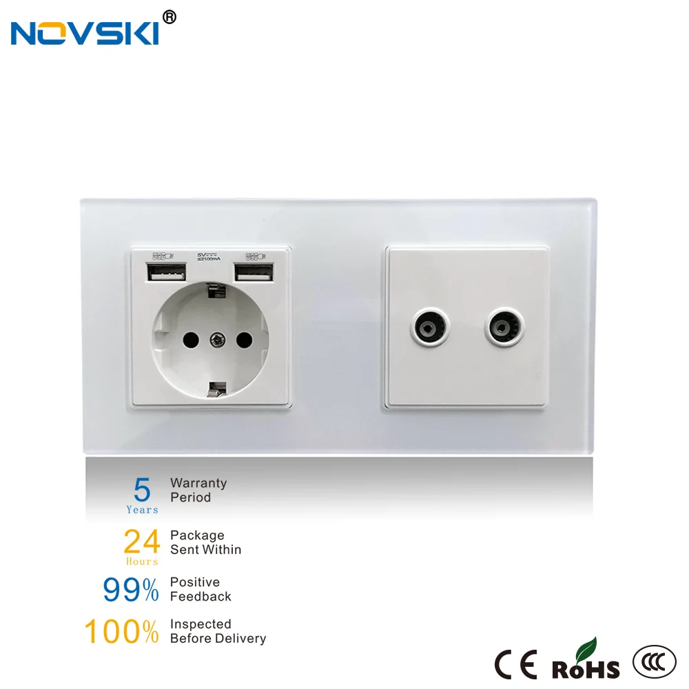 NOVSKI USB 2100mA Wall Socket Dual TV Data Socket Crystal Glass Panel Grounded 16A EU Schuko Electrical Socket 5 Years Warranty
NOVSKI USB 2100mA Wall Socket Dual TV Data Socket Crystal Glass Panel Grounded 16A EU Schuko Electrical Socket 5 Years Warranty