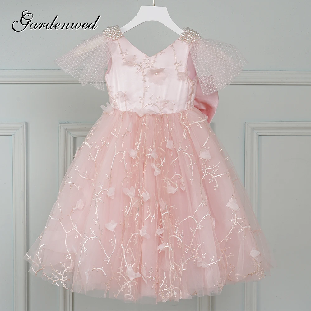 Cute Puffy Pink Princess Dresses Ball Gown Pearls Cluster Girls Flower Girl Dresses Tulle Lace Satin Bow Communion Dresses Cute Puffy Pink Princess Dresses Ball Gown Pearls Cluster Girls Flower Girl Dresses Tulle Lace Satin Bow Communion Dresses