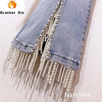 Nail-pearl Fringed High-waist Jeans Trousers Lady's Water Drill Pearl Light-colored Slim Fashion Women Club Jeans Pants Nancylim 
Nail-pearl Fringed High-waist Jeans Trousers Lady's Water Drill Pearl Light-colored Slim Fashion Women Club Jeans Pants Nancylim