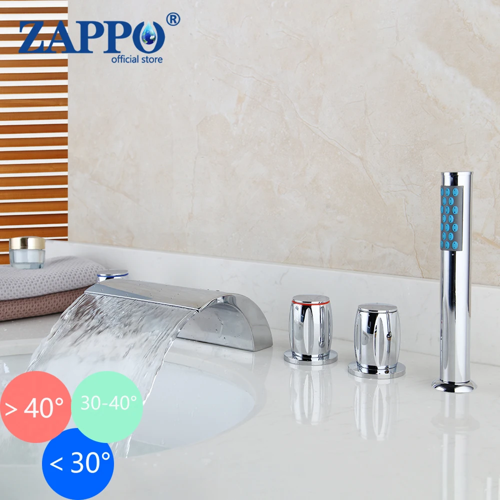 

ZAPPO LED Bathroom Waterfall Bathtub Faucet Deck Mounted Chrome Brass Washbasin Bathroom Tap 5 Pcs Set Flush Water Mixer Taps