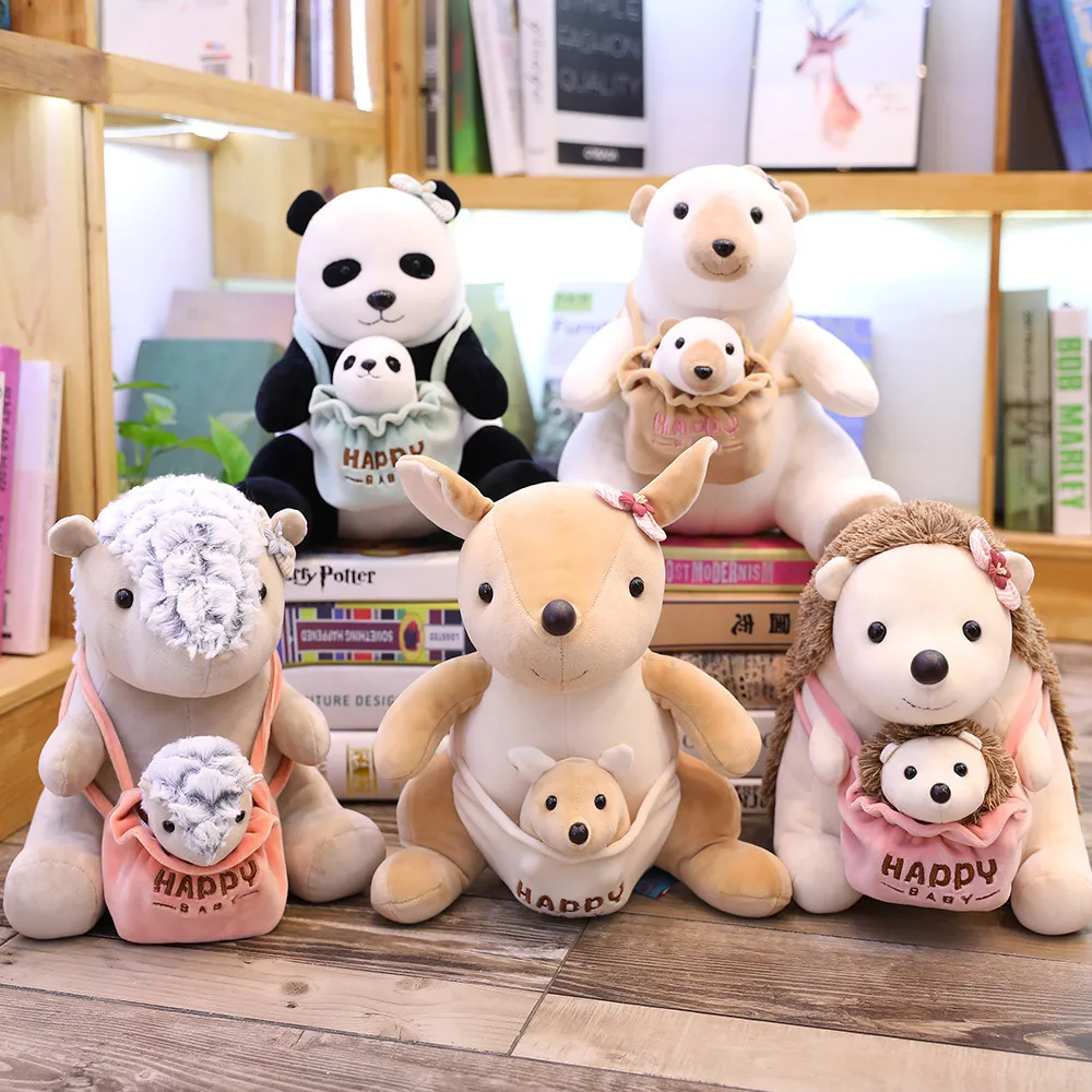 Panda Mother and Kid Plush Suffed Toys Animal Kangaroo Pangolin Hedgehog Polar Bear Puppet with Bag (4)