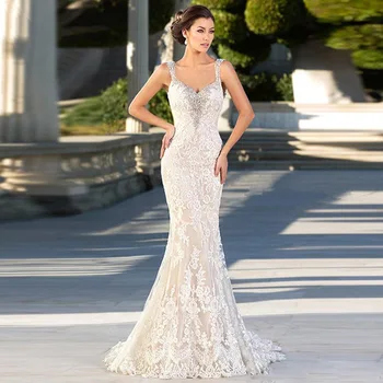 2020 Champagne Mermaid Wedding Dresses Lace Appliqued Beading Beach Bridal Gowns Sleeveless Dresses with Sweep Train
2020 Champagne Mermaid Wedding Dresses Lace Appliqued Beading Beach Bridal Gowns Sleeveless Dresses with Sweep Train