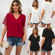 Women Chiffon Shirt Top Sexy V-Neck Lace Stitching Loose Short-sleeved Top Female Black Hollow Design Chiffon Shirt
Women Chiffon Shirt Top Sexy V-Neck Lace Stitching Loose Short-sleeved Top Female Black Hollow Design Chiffon Shirt