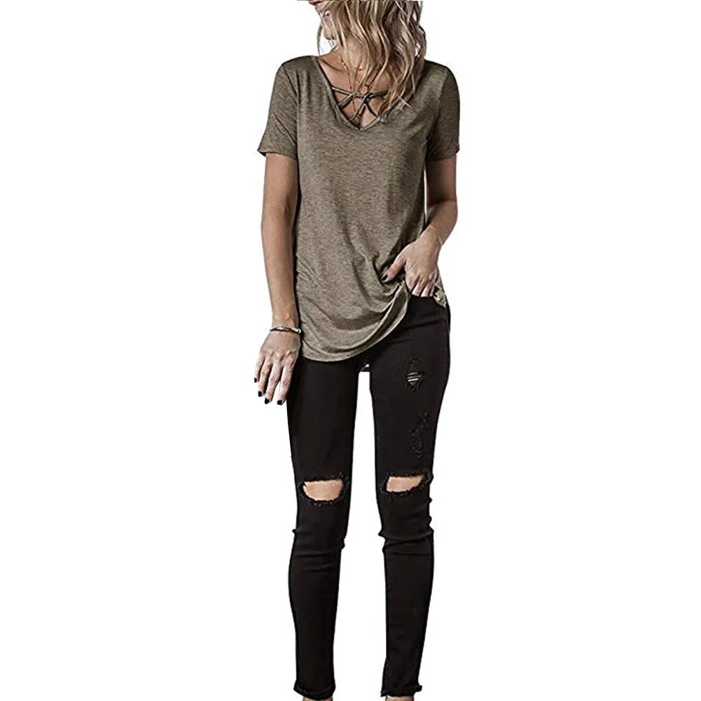 Basic Tops Criss Cross Fashion V Neck Daily Loose Front Bandage Short Sleeve Solid Tee Women T Shirt Summer Casual
Basic Tops Criss Cross Fashion V Neck Daily Loose Front Bandage Short Sleeve Solid Tee Women T Shirt Summer Casual