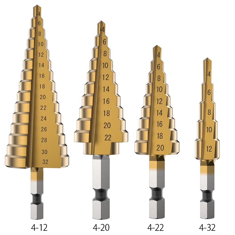 HSS Step Drill Bit Set Cone Hole Cutter Taper Metric 4 - 12 / 20 / 32mm 1 / 4 " Titanium Coated Metal Hex Core Drill Bits
HSS Step Drill Bit Set Cone Hole Cutter Taper Metric 4 - 12 / 20 / 32mm 1 / 4 " Titanium Coated Metal Hex Core Drill Bits