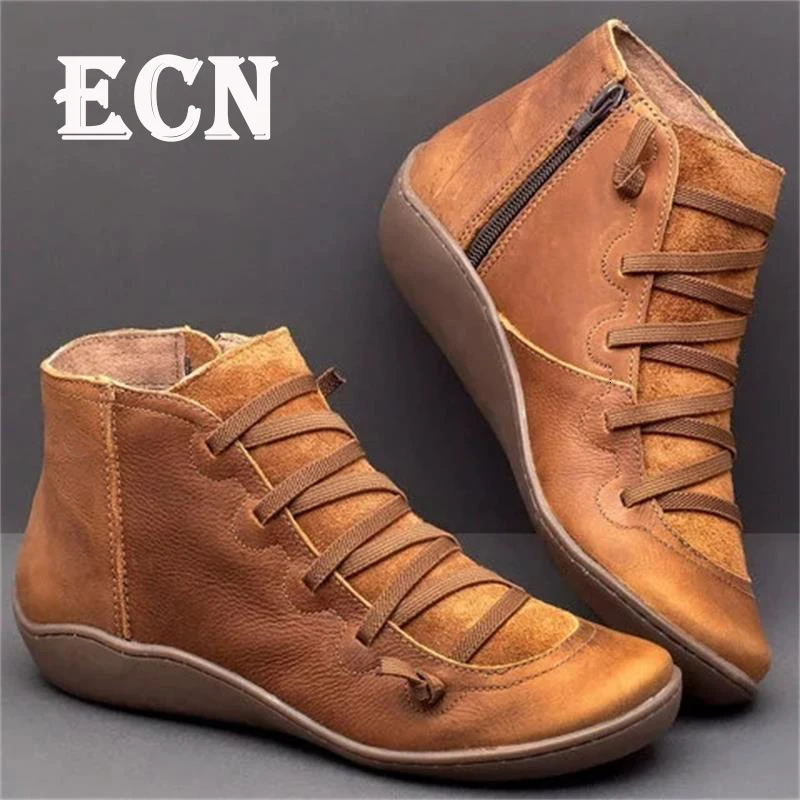 

ECN Ankle Boots Dropshipping 2019 Autumn Vintage Lace Up Women Shoes Comfortable Flat Heel Boots Female Short Boots
