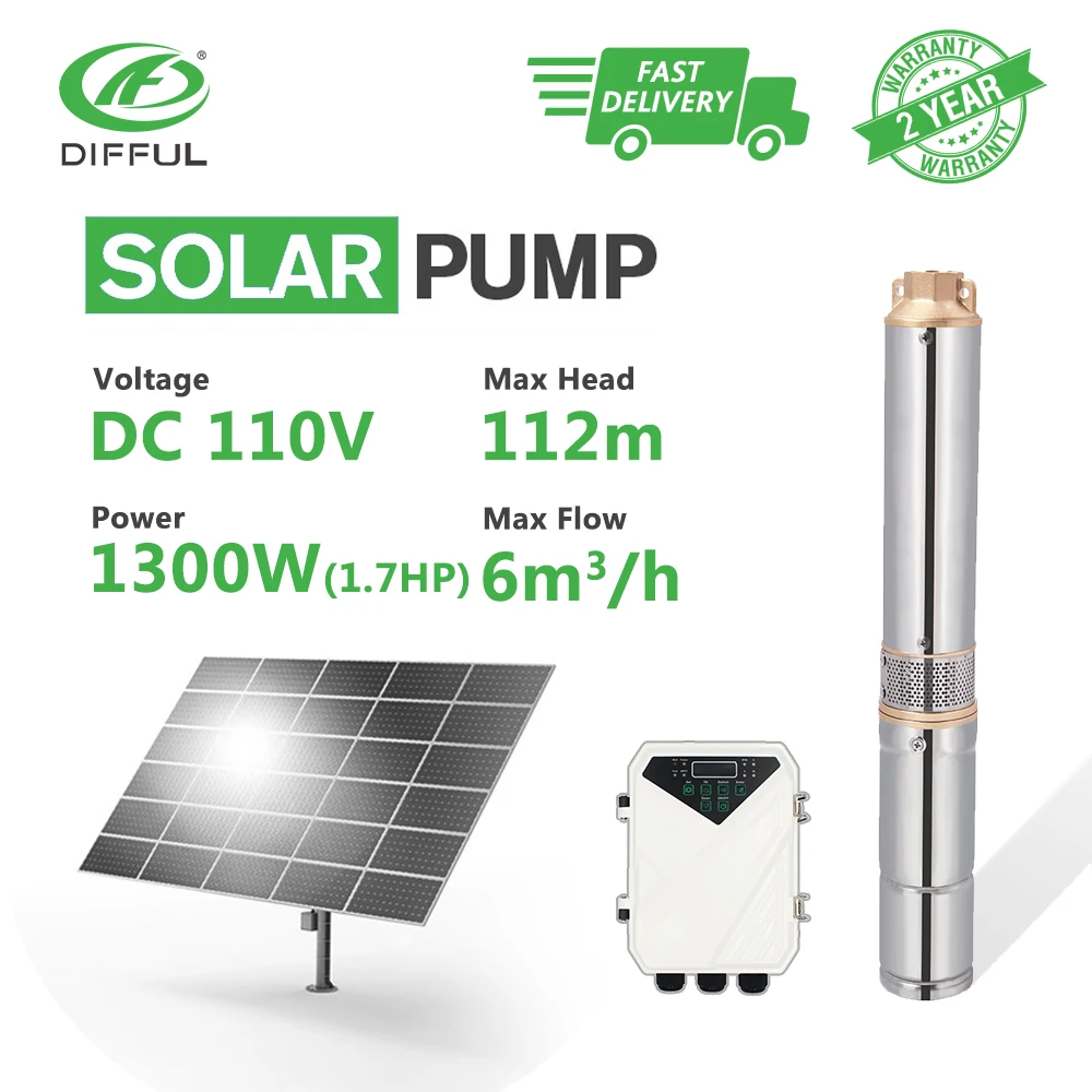 

4" DC Submersible Deep Well Solar Water Pump 110V 1300W Stainless Steel MPPT Controller Plastic Impeller (Head 112m, Flow 6T/H)
