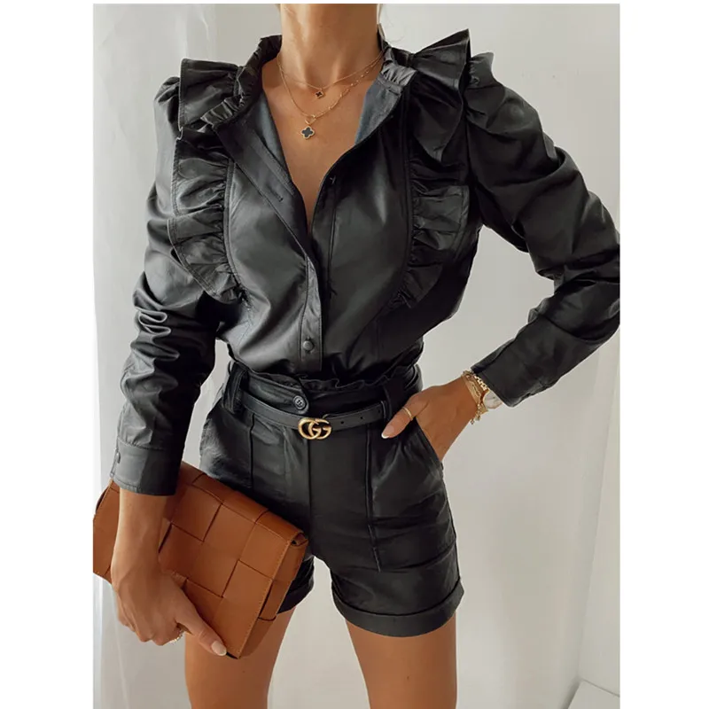 2020 NEW autumn winter Women Black Leather Ruffle Shirts Fashion Lapel Long Sleeve Buttons Blouse Tops Elegant Turn-down Collar
2020 NEW autumn winter Women Black Leather Ruffle Shirts Fashion Lapel Long Sleeve Buttons Blouse Tops Elegant Turn-down Collar