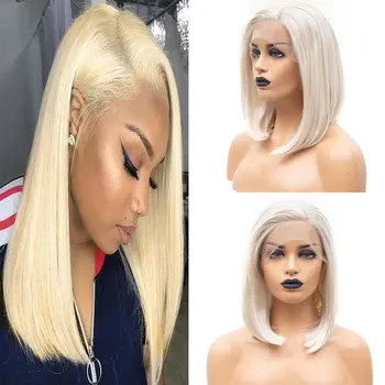 

Bombshell White Straight Short Bob Synthetic 13*3 Lace Front Wig Glueless Heat Resistant Fiber Hair Side Parting For Women Wigs